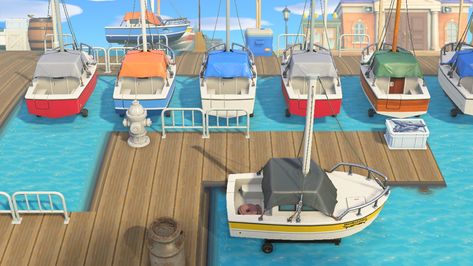 Such a clever idea for the boats. Cute port for a fisherman paradise Fishing Port Animal Crossing, Town Layout, Acnh Beach, Boat Marina, Boat Slip, Island Ideas, Beach Theme, Layout Ideas, Beach Themes