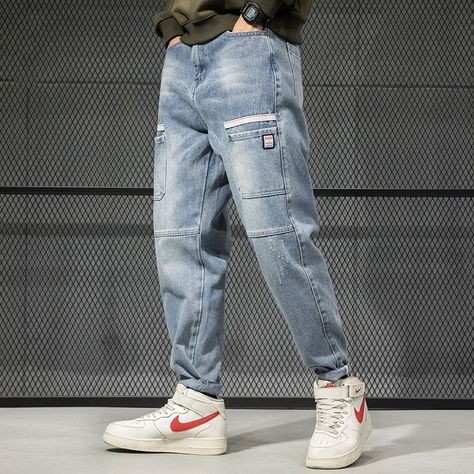 Guys Fashion Casual, Pocket Cargo Pants, Jeans Outfit Men, Hip Hop Jeans, Jeans Light Blue, Streetwear Hip Hop, Cheap Jeans, Big Pocket, Denim Jeans Men