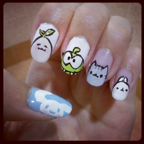 Cinnamoroll, Mandora, Om Nom, Pusheen, Molang design :D -K.Minase- Love Nail Art, Nail Polish Swatches, Easy Nails, I Love Nails, Pusheen, Base Coat, Love Nails, Multiple Color, Om Nom