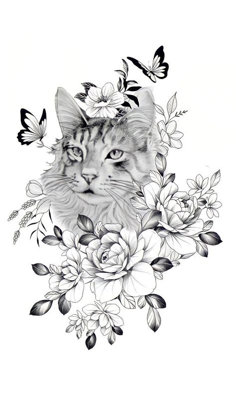 Cat Portrait Tattoo Designs, Half Cat Half Flower Tattoo, Cat Tattoo Designs With Flowers, Cat Flowers Tattoo, Cat Tattoo With Flowers, Cat With Flowers Tattoo, Cat And Flower Tattoo, Flower Cat Tattoo, Cat Flower Tattoo