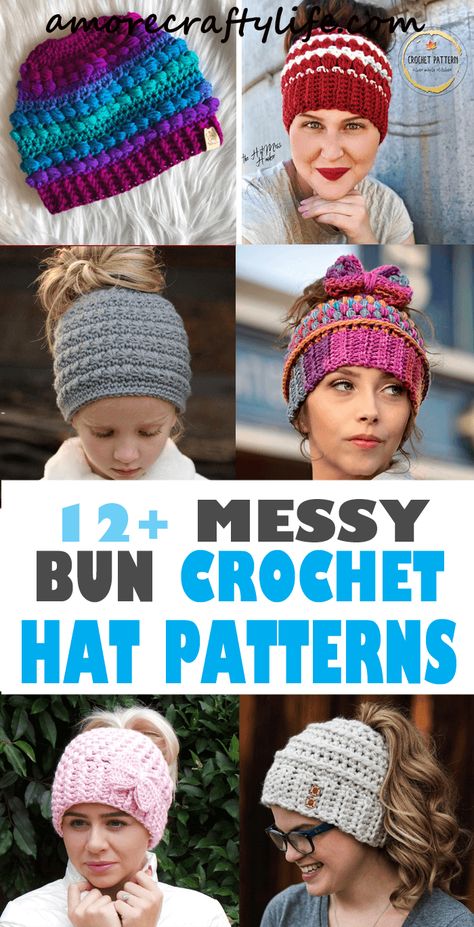 12+ Messy Bun Hat Crochet Patterns – Keep Warm - A More Crafty Life Crochet Messy Bun Hat Pattern Free, Crochet Ponytail Beanie, Crochet Ponytail Hat Pattern, Hat Crochet Patterns, Messy Bun Hat Crochet Pattern, Ponytail Hat Pattern, Bun Hat Crochet Pattern, Crochet Bun Hat, Messy Bun Hat Pattern