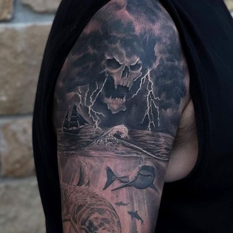 Dylan Blake Jones on Instagram: "Underwater sleeve that we’ve almost finished but still one or two more sessions left on the inner arm. Been a process and we even morphed an old skull tattoo he had into the piece to keep the continuity!" Inner Arm Skull Tattoo, Arm Skull Tattoo, Underwater Sleeve, Underwater Tattoo, Graveyard Tattoo, Design Drawings, Tattoo Design Drawings, Black And Grey Tattoos, Tattoo Design