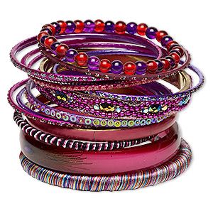 Bracelet, bangle, enamel / glass / resin / polyester / plastic sequin / gold-finished steel / aluminum / brass, assorted colors with glitter, 2.5-12mm wide, 8 inches. Sold per 14-piece set. Y2k Bangles, Glasses Outfits, Fake World, Month Gemstones, 2000s Outfit, Multicolor Jewelry, Jewellery Board, Jem And The Holograms, Polyester Resin