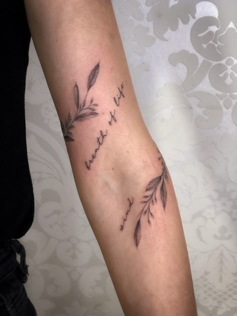 Words And Leaves Tattoo, Wrap Around Arm Script Tattoo, Christian Palm Leaf Tattoo, You Are The Vine I Am The Branches Tattoo, Abide Vine Tattoo, Tattoo Willow Tree, Leaves The 99 Tattoo, Willow Leaf Tattoo, Tattoo Ideas 333