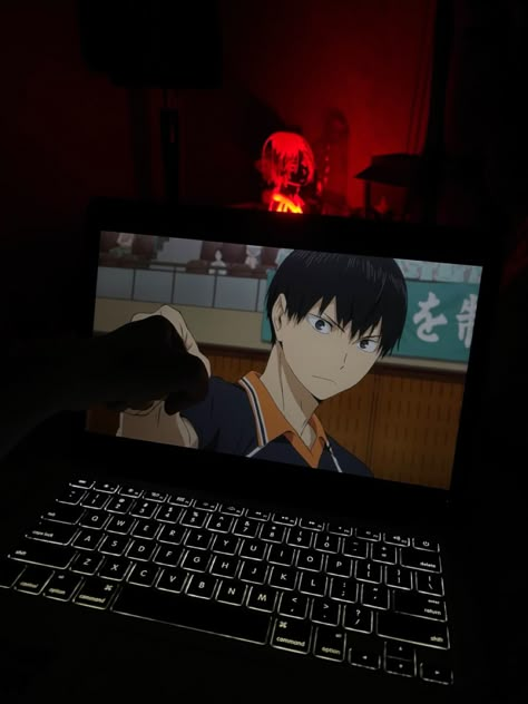 Watching Haikyuu Laptop, Watching Anime On Laptop Aesthetic, Anime Vision Board, Watching Shows Aesthetic, Haikyuu Stories, Anime Aesthetic Laptop, Anime Laptop Wallpaper Aesthetic, Watching Anime Aesthetic, Anime On Laptop Aesthetic