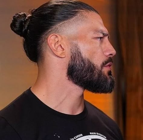 Low Undercut Men Long Hair, Man Bun With Taper, Long Hair Buzzed Side Men, Men’s Undercut Man Bun, Roman Reigns Hairstyle, Roman Reigns Haircut, Man Bun And Beard, Tape Up Haircut Men Long Hair, Lined Up Beard