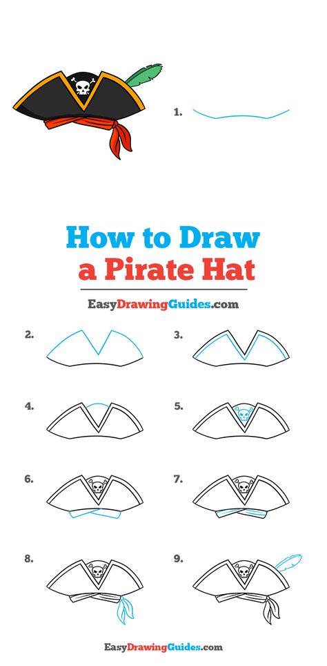 Pirate Hats Drawing, Pirate Hat Illustration, How To Draw Pirate Hat, Cute Pirate Drawing, How To Make A Pirate Hat, How To Draw A Pirate, Pirate Hat Drawing Reference, Pirate Drawing Easy, Drawing Reference Side View