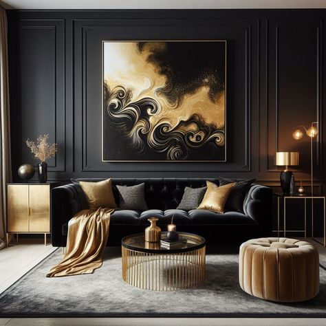 Black and Gold Living Room Black and Gold Artwork Dark Living Room Ideas, Black And Gold Living Room, Dark Living Room, Golden Interior, Gold Living, Dark Living Rooms, Gold Living Room, Designing Ideas, Dark Home Decor