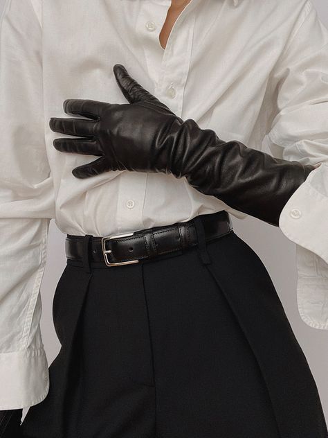 Monochrome Glove Outfits, Arket Wool, Leather Gloves Outfit, Yosano Akiko, Gloves Outfit, Saint Laurent Shirt, Fantasy Outfits, Dark Academia Fashion, Gloves Fashion