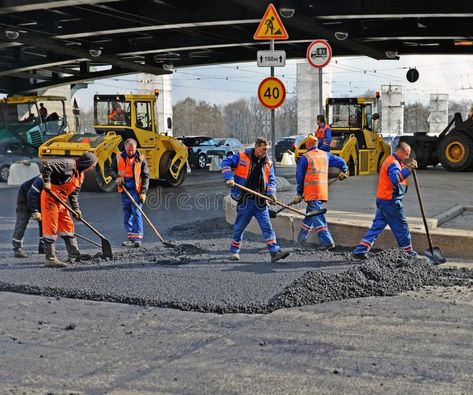 Repair of the road. The team of workers stacks new asphalt on the carriageway of , #ad, #asphalt, #stacks, #city, #carriageway, #road #ad Road Workers, Street Image, Road Work, St Petersburg Russia, Petersburg Russia, City Street, Business People, City Streets, The Team