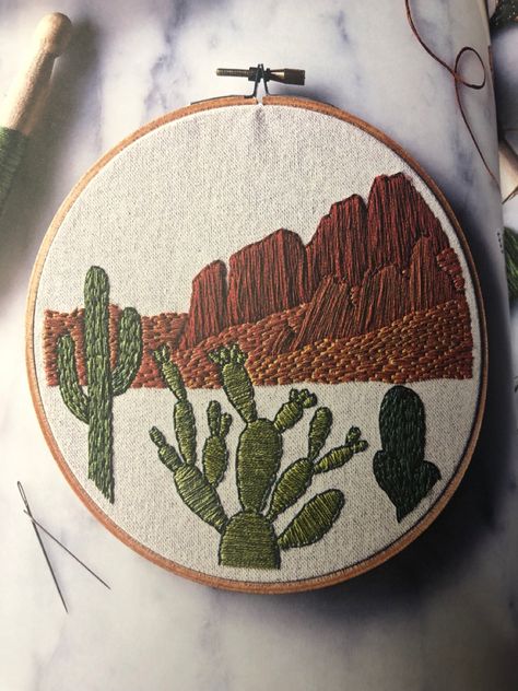 Southwest Embroidery Designs, Desert Embroidery, Desert Embroidery Pattern, Hand Embroidery Mountains, Desert Scene Embroidery, Saguaro Cactus Embroidery, Desert Cactus Embroidery, Mountain Scape Embroidery, Denim Jacket Embroidery