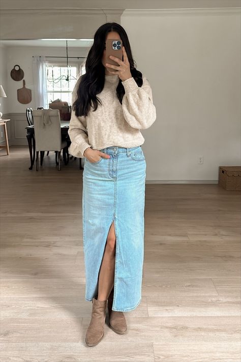 Women's Denim Maxi Skirt - … curated on LTK Winter Jean Skirt Outfits, Denim Maxi Skirt Outfits, How To Style Long Jean Skirt, Jean Skirt Outfits Long, Long Jean Skirt Outfits Winter, How To Style Long Denim Skirt, Long Jean Skirt Outfits Fall, Long Denim Skirt Outfit Fall, Jean Skirt Outfits Winter