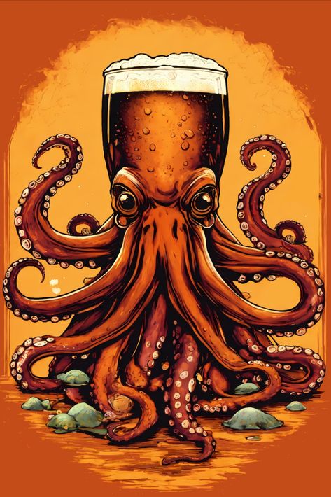 Beer Octopus T-Shirt Beer T-shirts, Bar Tshirts Design, Craft Beer Illustration, Beer Wallpaper, Beer Tattoos, Beer Painting, Totem Tattoo, Beer Illustration, Line Art Flowers