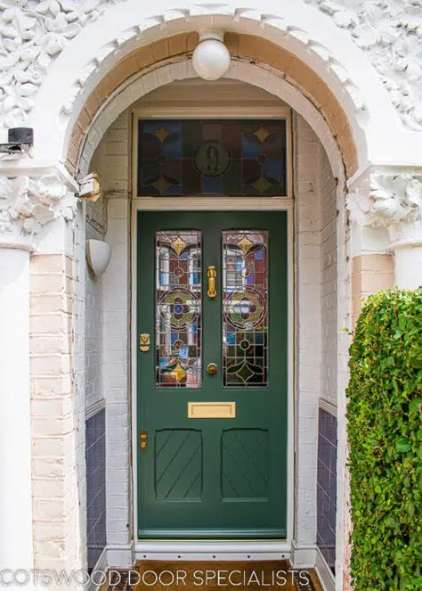 Stained Glass Victorian Front Door, Stained Glass Victorian Door, Green Victorian Front Door, Stainglass Front Doors, Green Stained Glass Front Door, Stained Glass Front Door, Victorian Front Door, Victorian Doors, Victorian Front Doors