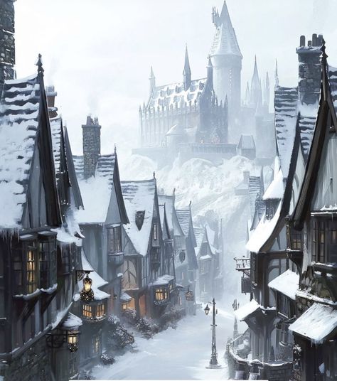 Fantasy Snow Kingdom Aesthetic, Cozy Fantasy Aesthetic, Pretty Settings, Princess Tower, Christmas Building, Hogsmeade Village, Winter Town, Snow Castle, Harry Potter Painting