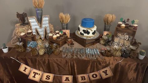 First Rodeo Treat Table, Western Baby Shower Food Ideas, Rodeo Baby Shower Ideas, Baby Shower Western Theme, Cowboy Party Food, Cowboy Baby Shower Theme, Cow Baby Shower Theme, Rodeo Baby Shower, Rodeo Baby