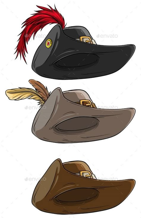 Musketeer Hat Drawing, Hat With Feather Drawing, Feather Hat Drawing, Pirate Hat Drawing, Musketeer Art, Drawing Pirate, Cavalier Hat, Musketeer Hat, Hat Reference