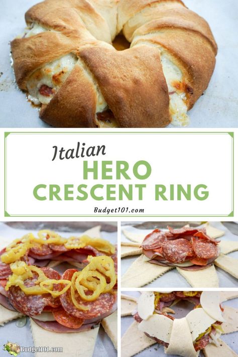 A crescent ring stuffed with all the flavors of a classic Italian sub, but it feeds a family of four! #Budget101 Crescent Ring Dinner Recipes, Bacon Cheeseburger Crescent Ring, Spicy Italian Crescent Ring, Taco Ring With Crescent Rolls, Sandwich Rings, Italian Crescent Ring, Crescent Roll Ring Recipes, Crescent Sandwiches, Taco Crescent Ring