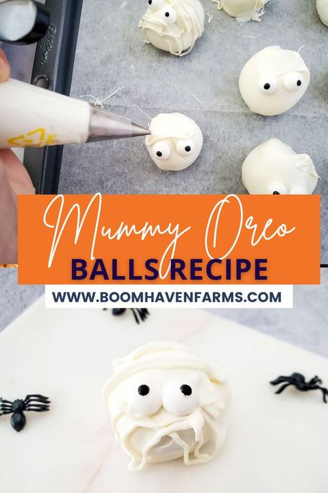 Get into the Halloween spirit with Mummy Oreo balls. A no-bake treat that kids will adore. Simple to make and perfect for any spooky gathering! Halloween Oreo Treats, Halloween Oreo Balls, Halloween Truffles, Oreo Balls Recipe, Easy Halloween Treats, Halloween Oreos, Candy Wafers, Halloween Snacks For Kids, Fun With Kids