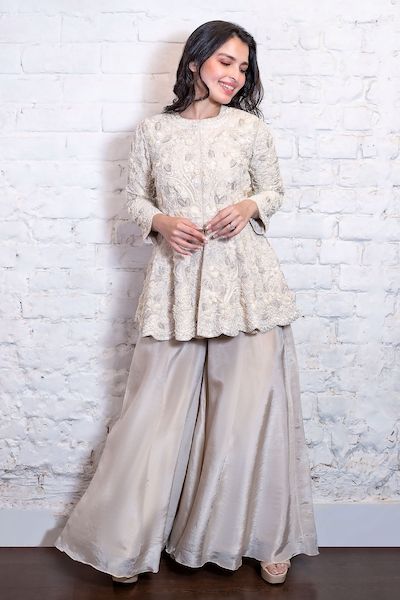 Buy White Blazer And Pant-organza Embroidered Floral Brielle & Pant Set For Women by Mishru Online at Aza Fashions.