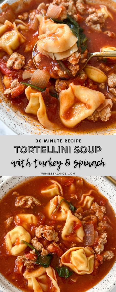 Tortellini Soup With Ground Turkey, Tortellini Ground Turkey Recipes, Tortellini With Ground Turkey, Ww Tortellini Soup, Turkey Sausage Tortellini Soup, High Protein Tortellini Soup, Ground Turkey Tortellini Soup, Tortellini Turkey Soup, Tomato Soup With Pasta