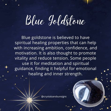 Blue goldstone is a man-made glass that contains copper particles, giving it a sparkly appearance similar to aventurine. The shimmering effect is achieved by heating silica, copper oxide, and other ingredients together. #FunFact: It was created in 17th-century Venice by Miotti family, who accidentally discovered the process. Just like natural gemstones, blue goldstone is believed to have metaphysical properties. 💙✨ #Goldstone #Geology #Origin #bluegoldstone #gemstoneshop #gemstonehealing Blue Goldstone Properties, Blue Goldstone Meaning, Goldstone Properties, Goldstone Meaning, Witchy Recipes, Blue Goldstone Crystal, Goldstone Crystal, Blue Sand Stone, Gems Crystals