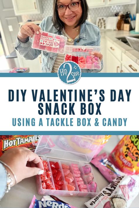 Here is a cute DIY Valentine’s Day gift idea on a budget. Make this cute Valentine snackle box filled with candy for a unique Valentine’s Day craft or gift. Valentine Day Gift Basket Ideas Candy Bouquet, Valentine’s Day Tackle Box Candy, Valentine Tackle Box Ideas, Tackle Box Valentine Box Ideas, Snackle Box Ideas For Valentines, Valentines Snackle Box Ideas, Valentine Snackle Box Ideas, Tackle Box Valentines Day, Valentines Candy Box Ideas