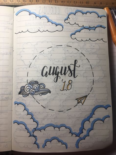 cloud theme bullet journaling for august Cloud Border Design, English Assignment Cover Page Ideas, January Bujo, Page Boarders, Journal August, Cloud Theme, Paper Art Design, Front Page Design, Bullet Journal Cover Page