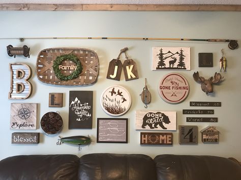 Fishing Living Room Decor, Cabin Theme, Fishing Room, Living Room Redo, Baby Room Inspiration, Room Redo, Wall Gallery, Rustic Walls, Baby Room