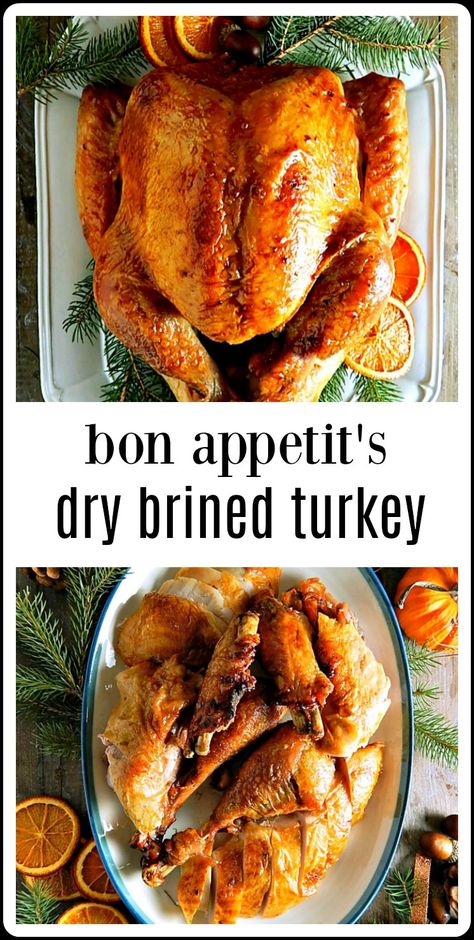 This is Almost Bon Appetit\'s Dry Rubbed Turkey with a few changeups and a different cooking temperature. It\'s just gorgeous and so simple. I love the no hassle dry brine! #DryBrinedTurkey #BonAppetitDryRubbedTurkey Dry Rub Turkey Brine, Bon Appetit Turkey, Ground Turkey Instant Pot, Turkey Instant Pot, Turkey In Oven, Dry Brine Turkey, Turkey Rub, Dry Brine, Whole Turkey Recipes