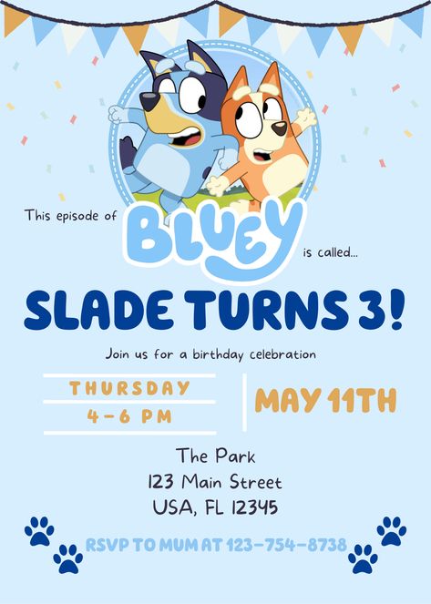 Bluey Birthday Invitation Template, Educational Posters For Kids, Bluey Birthday Invitation, 3rd Birthday Party For Boy, Bluey Birthday Party, 2nd Birthday Party For Boys, First Birthday Posters, Bluey Party, Second Birthday Ideas