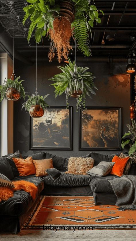 Creating a living room that feels welcoming and reflects both partners’ personalities is a key part of making a house feel like a home. Check these 52 Black And Rust Wall Decor Ideas. Rust Living Room Decor, Hippie Living Room Ideas, Moody Farmhouse Living Room, Black And Rust Living Room, Black And Neutral Living Room, Home For Couples, Cozy Eclectic Home, Rust Living Room, Cozy Eclectic Living Room