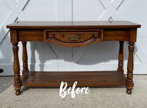 Sweet friends, I am SO excited to have a brand new haul to play with!! Today, I'm sharing an 80's sofa table makeover that was one of several pieces I picked up while yard saling a couple of weeks ago. I like to share my new hauls before diving in, but I'm joining my Furniture Diy Console Table Makeover, Add Shelf To Table, Entryway Table Refurbished, Sofa Table Refinishing Ideas, Refurbished Sofa Table, Entry Table Paint Ideas, Entry Table Makeover Diy, Sofa Table Redo Furniture Makeover, Entry Table Refurbished