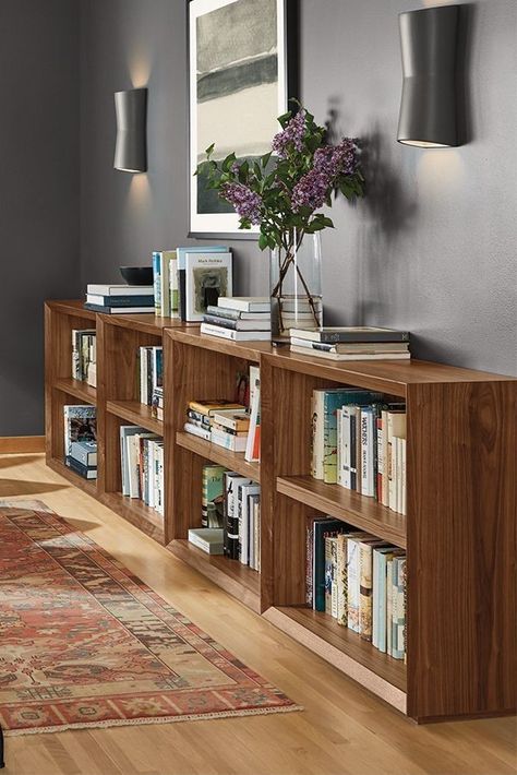 Low Bookshelves, Modern Bookcases, Bookshelves In Living Room, Home Library Design, Modern Bookcase, Modern Living Room Furniture, 아파트 인테리어, Room Board, Modern Furniture Living Room