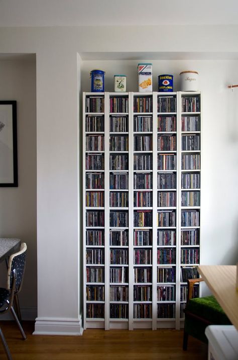 House Tour: A Colorful, Thrifty Toronto Home | Apartment Therapy Ikea Cd Storage, Cd Storage Furniture, Cd Storage Ideas, Ikea Dvd Storage, Cd Tower, Cd Shelves, Ikea Storage Cabinets, Toronto Home, Cd Dvd Storage