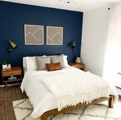 Navy Bedrooms, Blue Bedroom Walls, Blue Bedroom Design, Navy Blue Bedrooms, Blue Accent Walls, Blue Bedroom Decor, Accent Wall Bedroom, Blue Rooms, Blue Bedroom