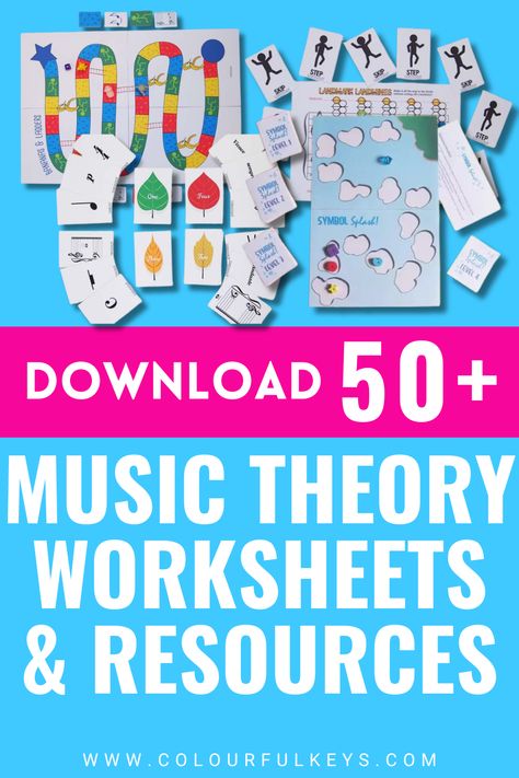 There are several music theory games in the image. The text reads: "download 50+ music theory worksheets & resources.", "www.colourfulkeys.com" Piano Worksheets For Kids Free Printable, Piano Theory Worksheets Free Printable, Piano Theory Worksheets, Piano Worksheets, Free Music Theory Worksheets, Free Music Worksheets, Teaching Music Theory, Music Theory Games, Piano Teaching Games