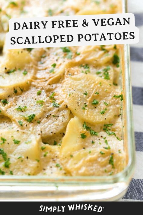 You don't need cheese or milk to make creamy scalloped potatoes. These vegan scalloped potatoes are baked in a creamy, garlicky sauce until tender. They make a perfect addition to any dinner. Scalloped Potatoes Without Cheese, Dairy Free Thanksgiving Recipes, Dairy Free Alfredo Sauce, Dairy Free Thanksgiving, Dairy Free Pumpkin Pie, Vegan Scalloped Potatoes, Creamy Scalloped Potatoes, Creamy Broccoli Soup, Homemade Stuffing