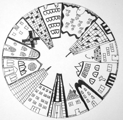 Quilt Postcards, Cottage School, City Perspective, Circle City, Middle School Art Projects, 2024 Inspiration, 5th Grade Art, Circle Drawing, Perspective Art