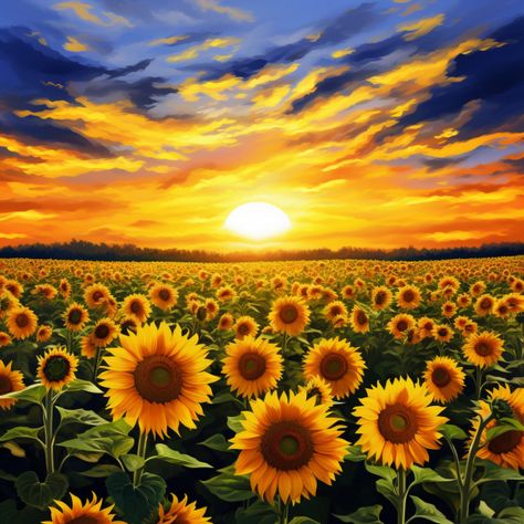 Sunset With Sunflowers, Fields Of Sunflowers, Sunflower Field Drawing, Sunrise And Flowers, Sunflower Scenery, Sunflower Field Painting, Sunflower Landscape, Field Drawing, Sunflower Field Pictures