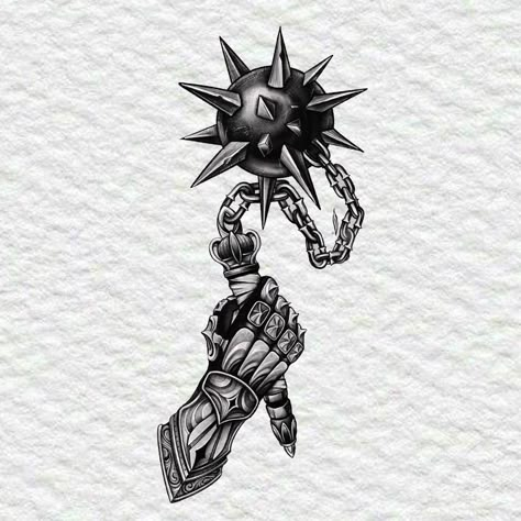 Knight Glove Tattoo, Medieval Hand Tattoo, Knight Hand Tattoo, Suit Of Armor Tattoo, Chain Mace Tattoo, Space Marine Tattoo, Mace Tattoo Design, Midevil Tattoo Design, Medieval Knight Tattoo