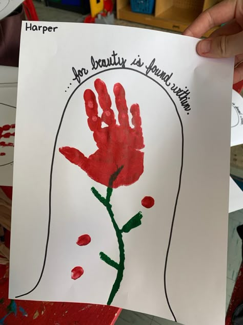 Beauty And The Beast Preschool Craft, Heart Art Projects For Toddlers, E Is For Handprint Craft, Rose Handprint Craft, Fairy Tale Handprint Crafts, Beauty And The Beast Preschool Activities, Beauty And The Beast Activity, Disney Crafts Easy, Beauty And The Beast Arts And Crafts