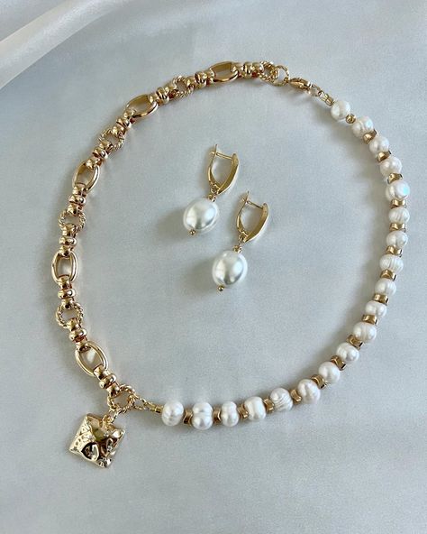 Ayla - UNIQUE Half Chain & Half Fresh Water Pearl Necklace Set with Real 18K gold plated pendant,...