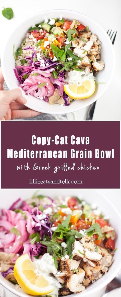 Cava Chicken Right Rice, Cava Lemon Chicken Bowl, Cava Mediterranean Grill, Homemade Cava Bowl, Cava Bowl Recipe Chicken, Cava Grilled Chicken Recipe, Healthy Cava Bowl, Cava Mediterranean Bowl, Luna Grill Santorini Bowl Recipe