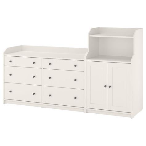 IKEA - HAUGA, Storage combination, white, Of course your home should be a safe place for the entire family. That’s why a safety fitting is included so that you can attach the storage unit to the wall. Hide or display your things by combining open and closed storage. 2 adjustable shelves included. Ikea Hauga, Kallax Shelf Unit, Combination Color, Wide Chest Of Drawers, Door Chest, Furniture Redos, Sliding Wardrobe Doors, White Sideboard, Ikea Storage