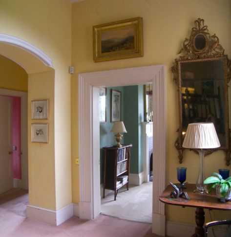 Yellow Cottage Interior, Pale Yellow Bathrooms, Yellow Painted Rooms, Orangery Interior, Yellow Hallway, Cottage Hallway, Edward Bulmer, Victorian Hallway, Natural Paint