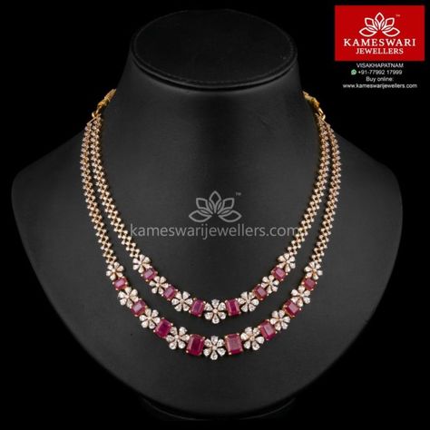 Two Step Ruby CZ Floral Necklace Trendy Jewelry Ideas, Ruby Necklace Designs, Ruby Jewelry Necklaces, Kameswari Jewellers, Gold Necklace Indian Bridal Jewelry, Diamond Necklace Designs, Jewelry Designing, Wedding Jewellery Collection, Necklace Indian