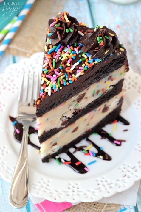 Cake Batter Cookie Dough, Brownie Layer Cake, Cake Batter Cookies, Cookie Dough Brownies, Slice Of Cake, Eggless Cake, Funfetti Cake, Food Cakes, Cake Batter