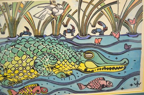 HUGE Alligator Water Color Walter Inglis Anderson Framed | #1843858093 Walter Anderson, Contemporary Folk Art, Southern Art, Virtual Art, Watercolor Wall Art, Fish Art, Animal Fashion, Gulf Coast, American Artists