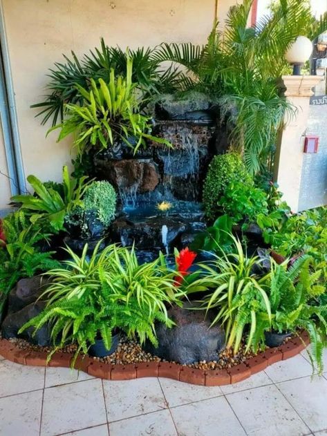 Corner Garden Fountain Ideas, Outdoor Corner Fountain Ideas, Zen Garden Waterfall, Waterfall In Garden Fountain Ideas, Garden With Fountain Ideas, Garden Waterfall Ideas Rock Fountain, Small Ponds With Waterfall Front Yards, Outdoor Waterfall Ideas, Corner Waterfall Backyard